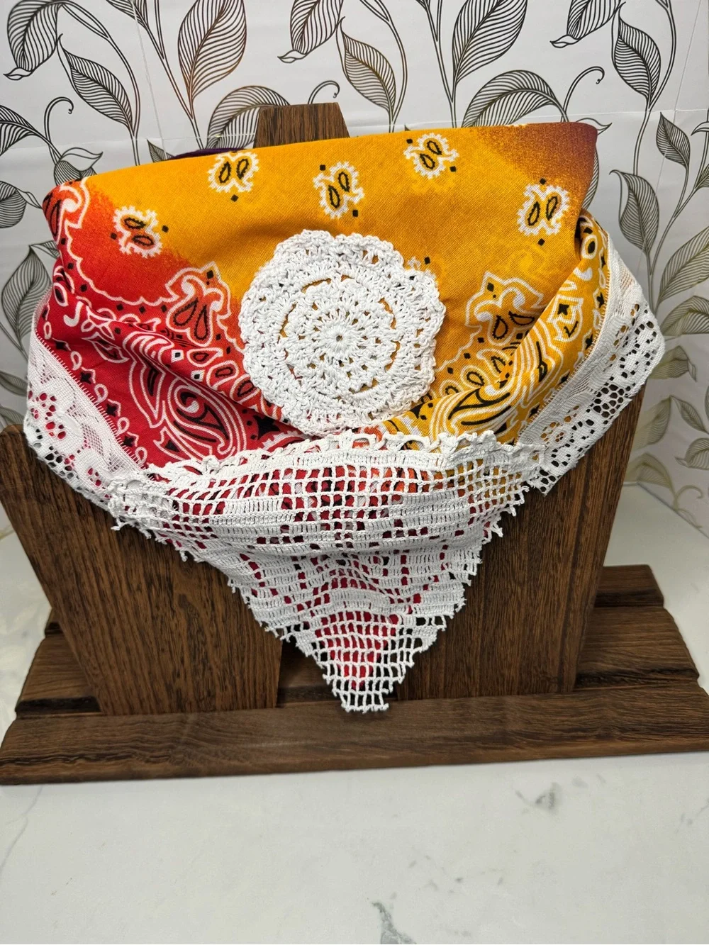 Vintage-Inspired Up-cycled Red & Yellow Bandana Scarf with White Crochet Trim